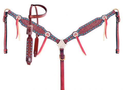 Showman Single ear headstall and breastcollar set with teal buck stitch trim